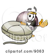 Poster, Art Print Of Eight Ball Mascot Cartoon Character With A Computer Mouse