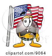 Clipart Picture Of An Eight Ball Mascot Cartoon Character Pledging Allegiance To An American Flag by Toons4Biz