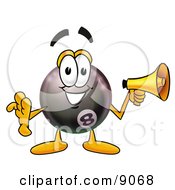 Clipart Picture Of An Eight Ball Mascot Cartoon Character Holding A Megaphone by Toons4Biz