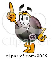 Eight Ball Mascot Cartoon Character Pointing Upwards
