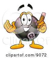 Clipart Picture Of An Eight Ball Mascot Cartoon Character Holding A Pencil