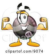 Poster, Art Print Of Eight Ball Mascot Cartoon Character Flexing His Arm Muscles