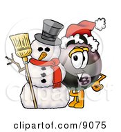 Poster, Art Print Of Eight Ball Mascot Cartoon Character With A Snowman On Christmas