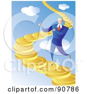 Businessman Walking Up A Coin Staircase In The Sky