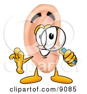 Clipart Picture Of An Ear Mascot Cartoon Character Looking Through A Magnifying Glass by Toons4Biz