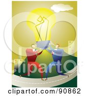 Poster, Art Print Of Two Businessmen Carrying A Bright Light Bulb On A Road
