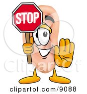 Clipart Picture Of An Ear Mascot Cartoon Character Holding A Stop Sign by Toons4Biz
