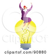 Poster, Art Print Of Successful Businesswoman Sitting On A Light Bulb