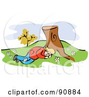 Royalty Free RF Clipart Illustration Of A Tired Girl Sleeping At The Base Of A Tree Stump by Prawny