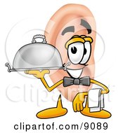 Clipart Picture Of An Ear Mascot Cartoon Character Dressed As A Waiter And Holding A Serving Platter by Toons4Biz