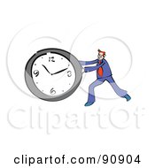 Poster, Art Print Of Red Haired Businessman Pushing A Wall Clock