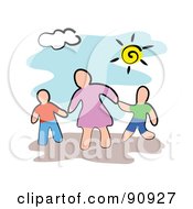 Poster, Art Print Of Mother Holding Hands With Her Children On A Sunny Day