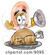 Poster, Art Print Of Ear Mascot Cartoon Character Serving A Thanksgiving Turkey On A Platter