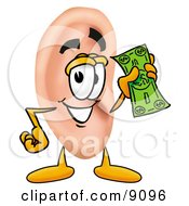 Clipart Picture Of An Ear Mascot Cartoon Character Holding A Dollar Bill by Toons4Biz