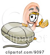 Clipart Picture Of An Ear Mascot Cartoon Character With A Computer Mouse