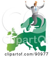 Royalty Free RF Clipart Illustration Of A Successful Businessman Sitting On A Map Of Europe