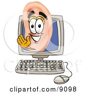 Clipart Picture Of An Ear Mascot Cartoon Character Waving From Inside A Computer Screen