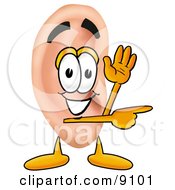 Ear Mascot Cartoon Character Waving And Pointing