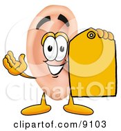 Ear Mascot Cartoon Character Holding A Yellow Sales Price Tag