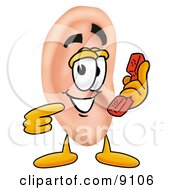 Ear Mascot Cartoon Character Holding A Telephone