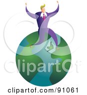 Royalty Free RF Clipart Illustration Of A Successful Businessman Sitting On A Globe