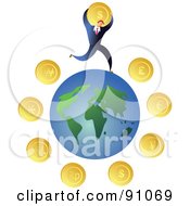 Royalty Free RF Clipart Illustration Of A Businessman And Coins Around A Globe by Prawny