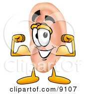 Ear Mascot Cartoon Character Flexing His Arm Muscles