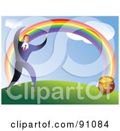 Poster, Art Print Of Businessman Following A Rainbow To Find A Pot Of Gold