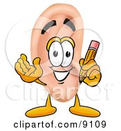 Clipart Picture Of An Ear Mascot Cartoon Character Holding A Pencil by Toons4Biz