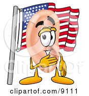 Ear Mascot Cartoon Character Pledging Allegiance To An American Flag
