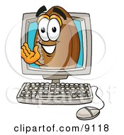 Clipart Picture Of A Football Mascot Cartoon Character Waving From Inside A Computer Screen
