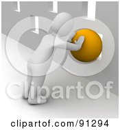 Royalty Free RF Clipart Illustration Of A 3d Blanco Man Trying To Push A Ball Through A Square Opening An Impossible Task