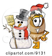 Poster, Art Print Of Football Mascot Cartoon Character With A Snowman On Christmas