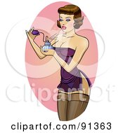 Sexy Pinup Woman In A Purple Slip Spritzing On Perfume
