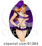 Royalty Free RF Clipart Illustration Of A Sexy Pinup Woman In Purple Wearing A Hat And Standing With Her Hands On Her Hips
