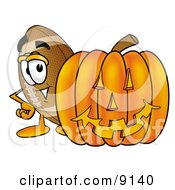 Poster, Art Print Of Football Mascot Cartoon Character With A Carved Halloween Pumpkin