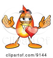 Flame Mascot Cartoon Character With His Heart Beating Out Of His Chest