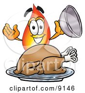 Poster, Art Print Of Flame Mascot Cartoon Character Serving A Thanksgiving Turkey On A Platter
