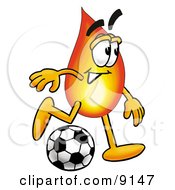 Flame Mascot Cartoon Character Kicking A Soccer Ball