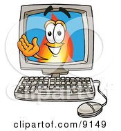 Clipart Picture Of A Flame Mascot Cartoon Character Waving From Inside A Computer Screen