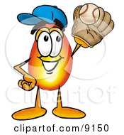 Flame Mascot Cartoon Character Catching A Baseball With A Glove