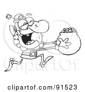 Royalty Free RF Clipart Illustration Of An Outlined Leprechaun Running With A Pot Of Gold Coins by Hit Toon
