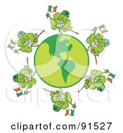 Poster, Art Print Of Circle Of Shamrocks Running Around A Globe With Irish Flags Hats And Canes
