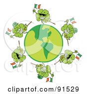 Poster, Art Print Of Circle Of Shamrocks Running Around A Globe With Irish Flags And Canes