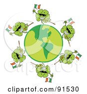 Poster, Art Print Of Circle Of Shamrocks Running Around A Globe With Irish Flags Shades And Canes