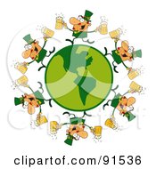 Poster, Art Print Of Circle Of Male Leprechauns Running Around A Globe With Beer