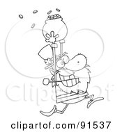 Royalty Free RF Clipart Illustration Of An Outlined Greedy Leprechaun Running With A Pot Of Gold Over His Head