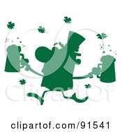 Royalty Free RF Clipart Illustration Of A Green Silhouetted Male Leprechaun Running With Beers