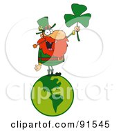 Poster, Art Print Of Male Leprechaun Standing On A Globe And Holding Up A Clover