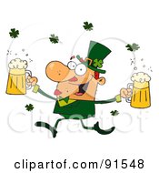 Poster, Art Print Of Male Leprechaun Running Through Clovers With Beers